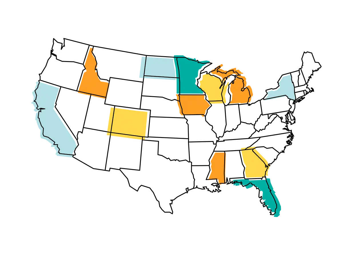 United States map highlighting the Ampact states with Reading Corps, Math Corps and Early Learning Corps tutoring programs.